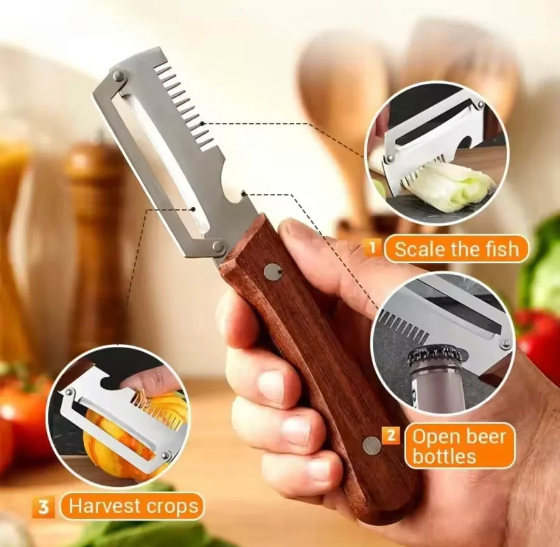 3in1 Peeler Knife Stainless Steel | Multifunctional Fruit & Vegetable Peeler With Wooden Handle | Kitchen Vegetable Cutter Slicer Tool & Bottle Opener