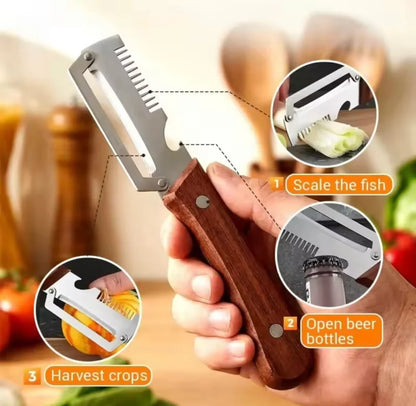 3in1 Peeler Knife Stainless Steel | Multifunctional Fruit & Vegetable Peeler With Wooden Handle | Kitchen Vegetable Cutter Slicer Tool & Bottle Opener