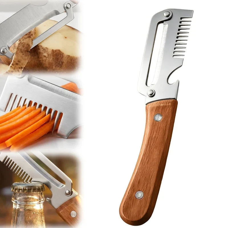 3in1 Peeler Knife Stainless Steel | Multifunctional Fruit & Vegetable Peeler With Wooden Handle | Kitchen Vegetable Cutter Slicer Tool & Bottle Opener