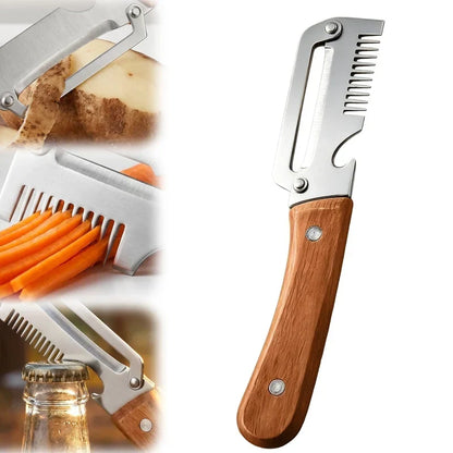 3in1 Peeler Knife Stainless Steel | Multifunctional Fruit & Vegetable Peeler With Wooden Handle | Kitchen Vegetable Cutter Slicer Tool & Bottle Opener